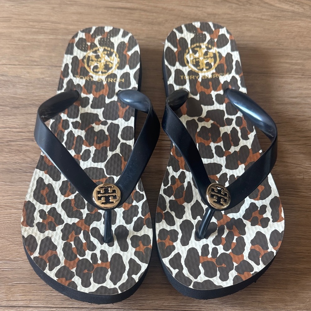 Tory Burch Black and Brown Leopard Flip Flops